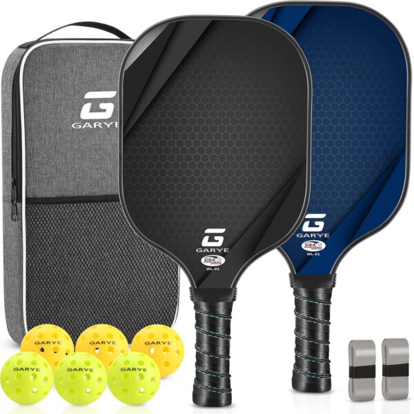 GARYE Pickleball Paddles Set of 2, USAPA Approved Carbon Fiber Pickleball Set, Lightweight Graphite Pickle Ball Rackets 2 Pack with 6 Balls, 1 Pickleball Bag, Pickle Ball Paddle Set for Men and Women